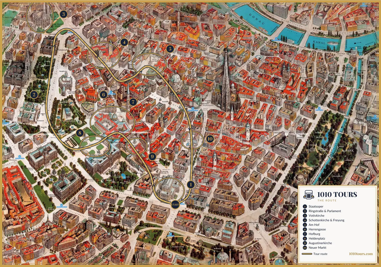 Illustrated map of Vienna's 1st district with the tour route and its 10 numbered stops